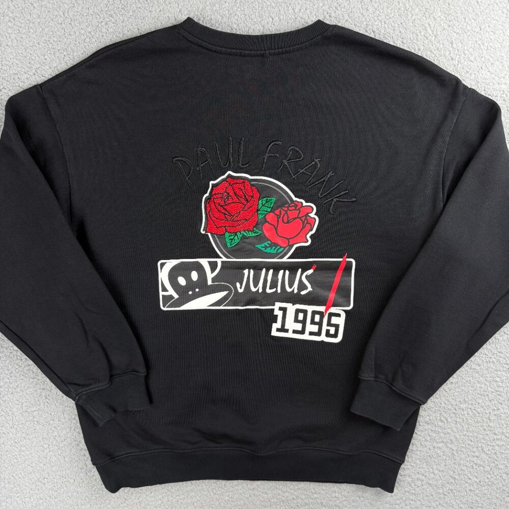 Paul Frank Sweatshirt Womens Large Black Julius Monkey Rose Embroidery Sweater 2